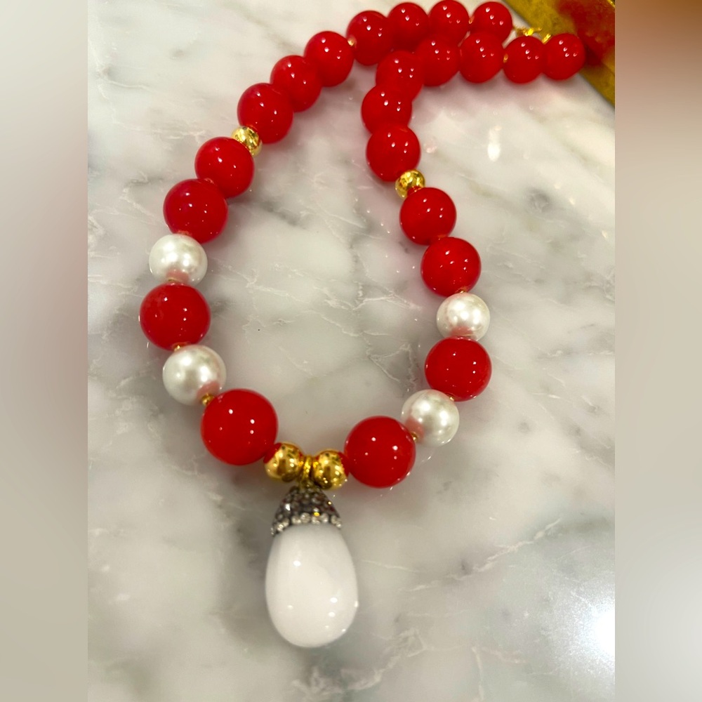 Red Jade with Opale Druzy Charm Necklace